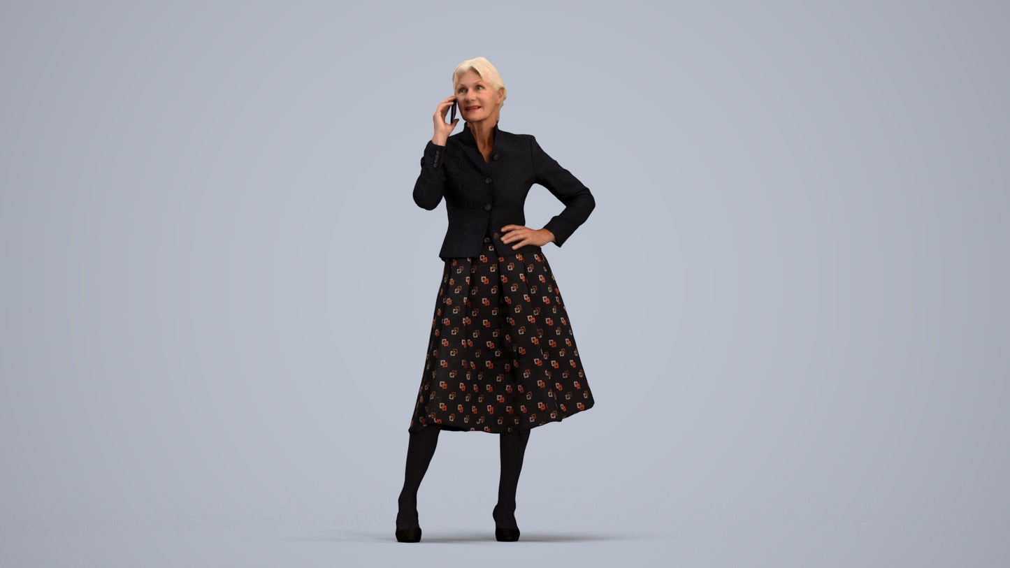 3D human model senior woman business standing, photogrammetry scanned person for archviz, standing pose render
