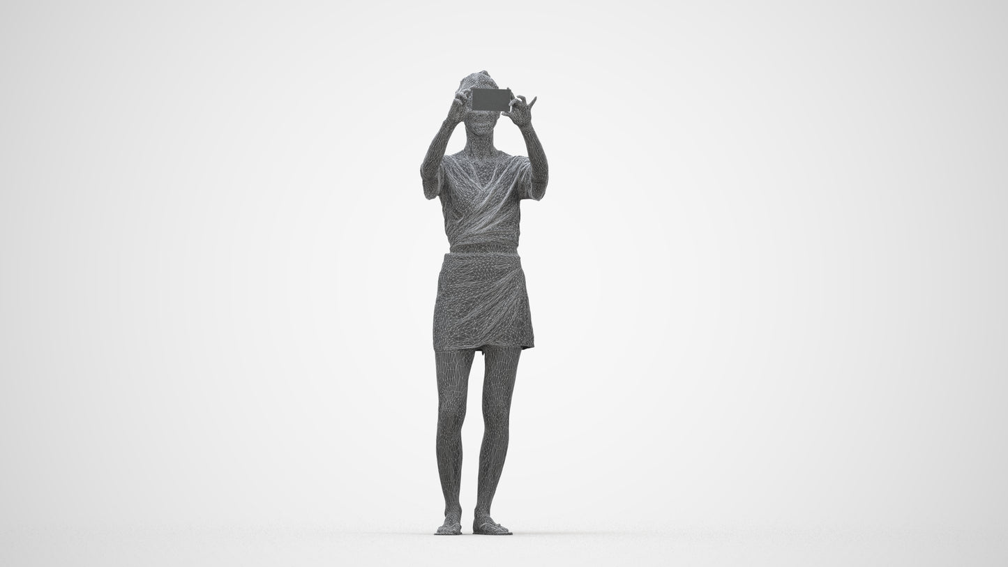3D human model woman casual standing, photogrammetry scanned person for archviz, wireframe back view