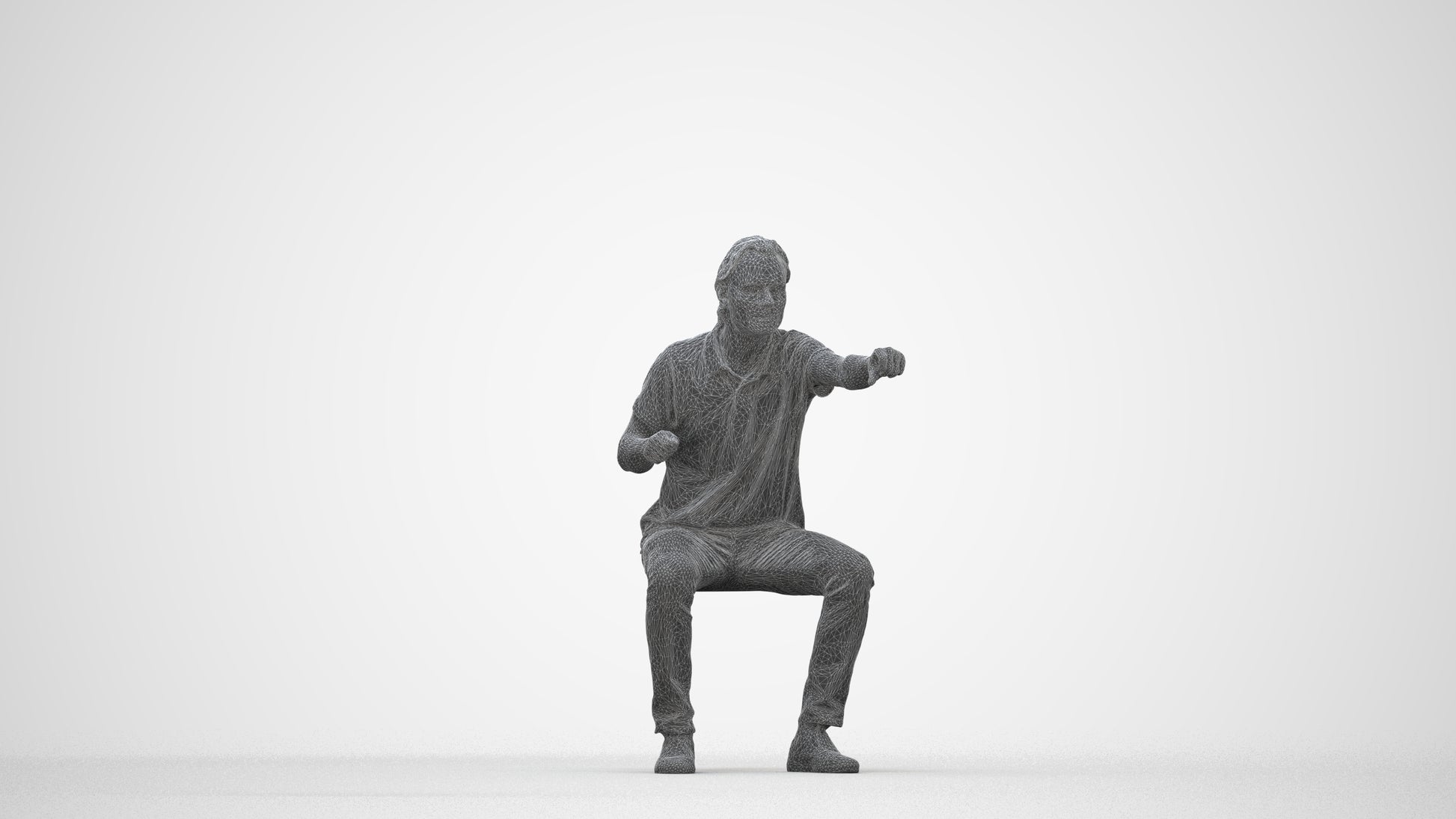 realistic 3D man casual sitting, scanned archviz people for Blender and 3ds Max, wireframe back view