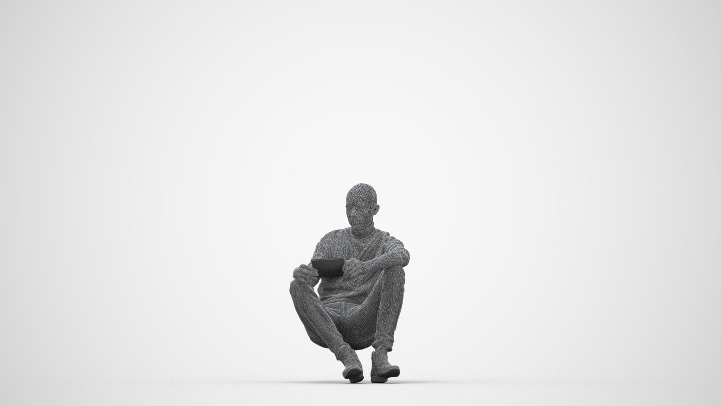 3D scanned man sitting casual, photorealistic archviz people for Enscape and SketchUp, wireframe back view