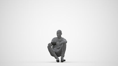 3D scanned man sitting casual, photorealistic archviz people for Enscape and SketchUp, wireframe back view
