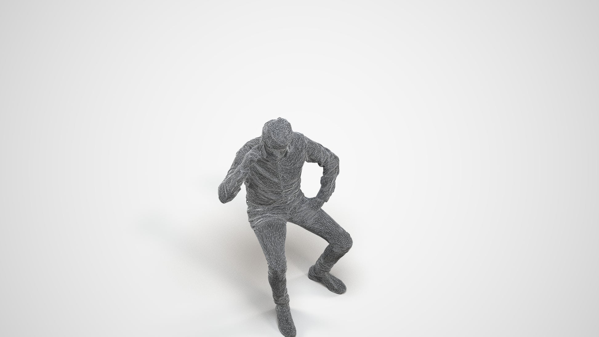 realistic 3D man business sitting, scanned archviz people for Blender and 3ds Max, wireframe three-quarter view