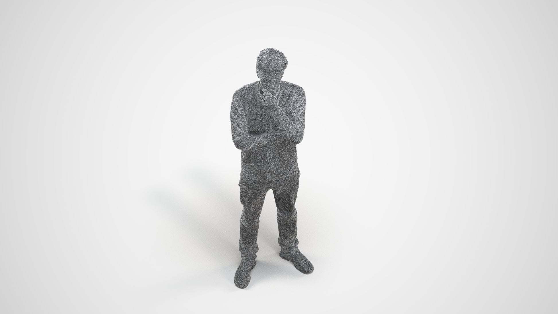 3D scanned man standing casual, photorealistic archviz people for Enscape and SketchUp, wireframe three-quarter view