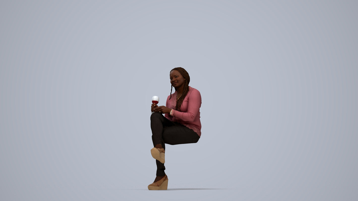 3D human model woman casual sitting, photogrammetry scanned person for archviz, top-down view render