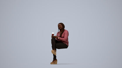 3D human model woman casual sitting, photogrammetry scanned person for archviz, top-down view render