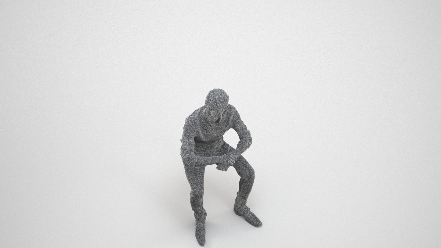3D human model man casual sitting, photogrammetry scanned person for archviz, wireframe three-quarter view