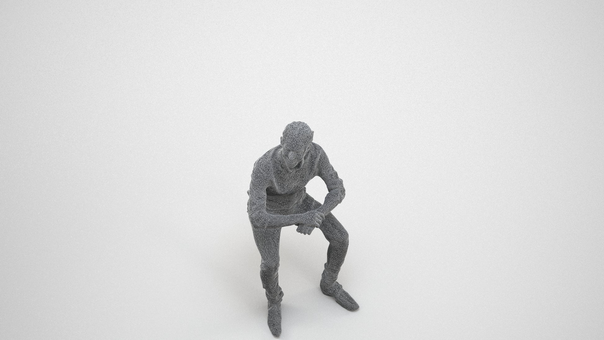 3D human model man casual sitting, photogrammetry scanned person for archviz, wireframe three-quarter view
