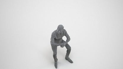 3D human model man casual sitting, photogrammetry scanned person for archviz, wireframe three-quarter view