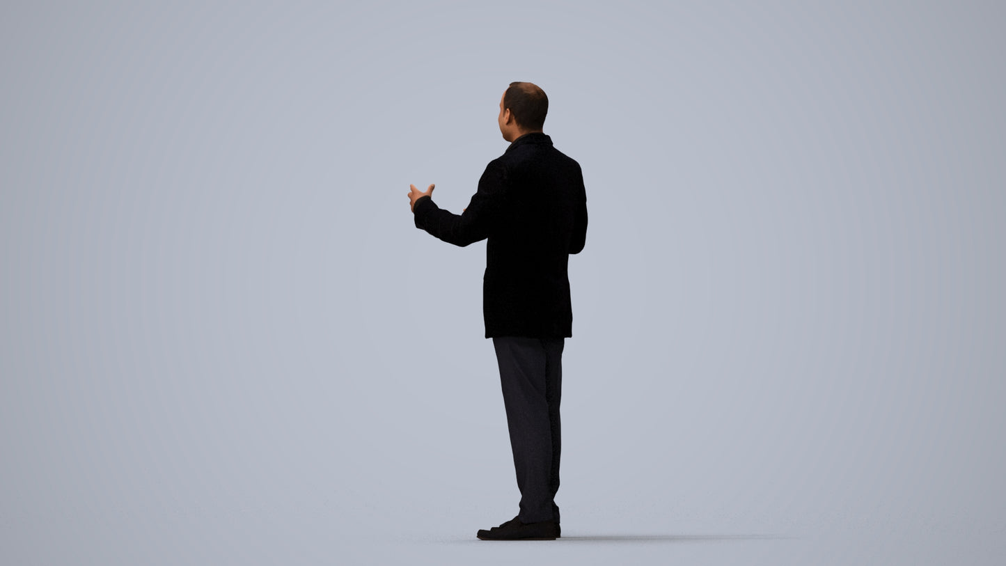 3D human model man formal standing, photogrammetry scanned person for archviz, three-quarter view render