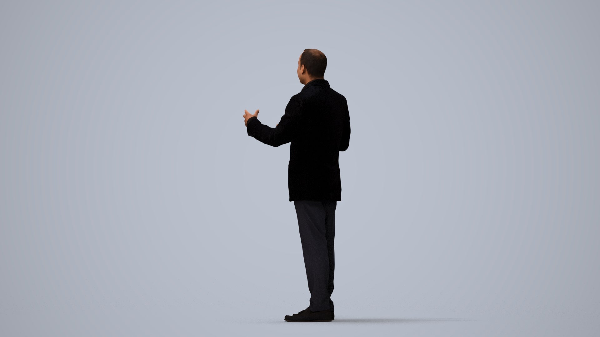 3D human model man formal standing, photogrammetry scanned person for archviz, three-quarter view render