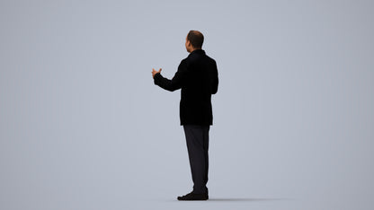 3D human model man formal standing, photogrammetry scanned person for archviz, three-quarter view render