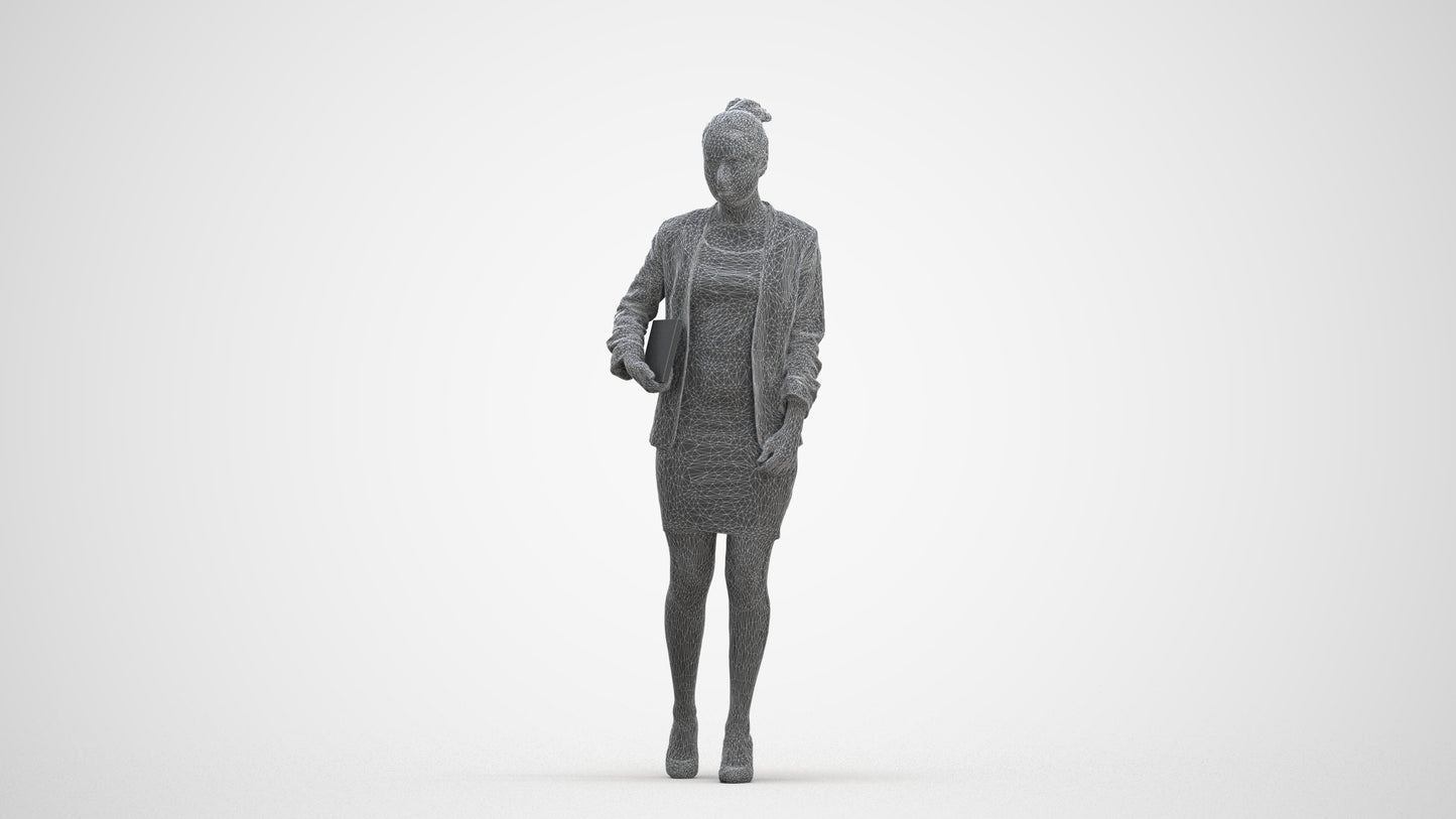 3D human model woman business, photogrammetry scanned person for archviz, three-quarter front view render