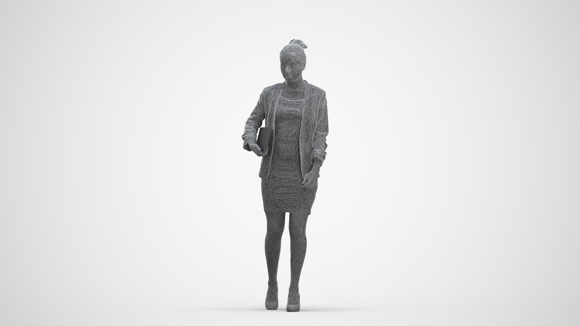 3D human model woman business, photogrammetry scanned person for archviz, three-quarter front view render
