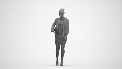 3D human model woman business, photogrammetry scanned person for archviz, three-quarter front view render