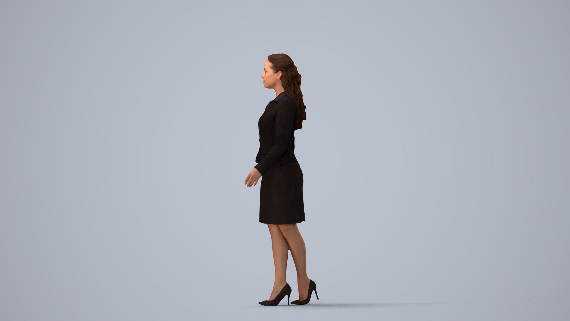 realistic 3D human woman business, archviz people FBX OBJ for Blender, three-quarter view render