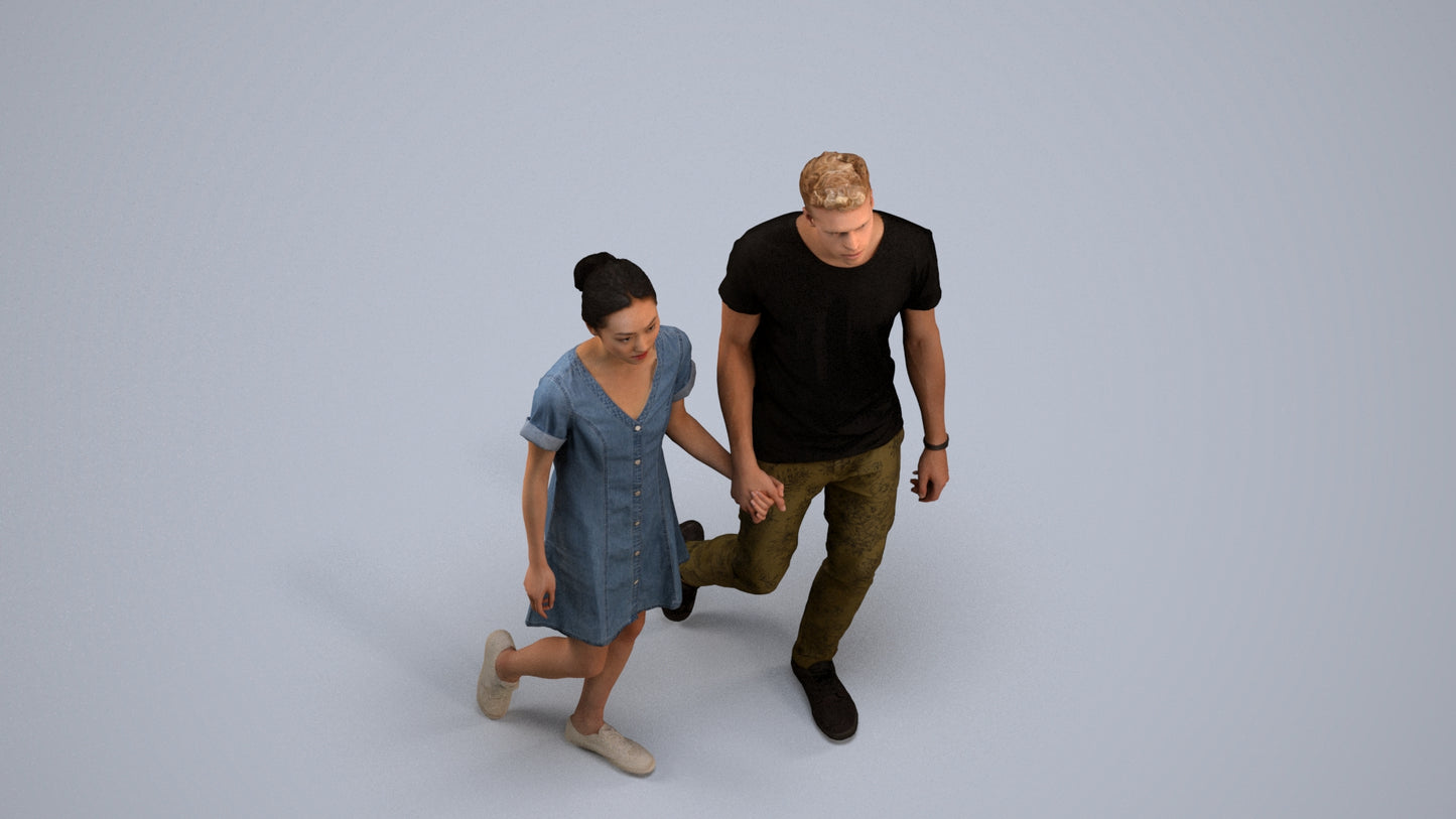 3D human model woman casual couple, photogrammetry scanned person for archviz, back view render