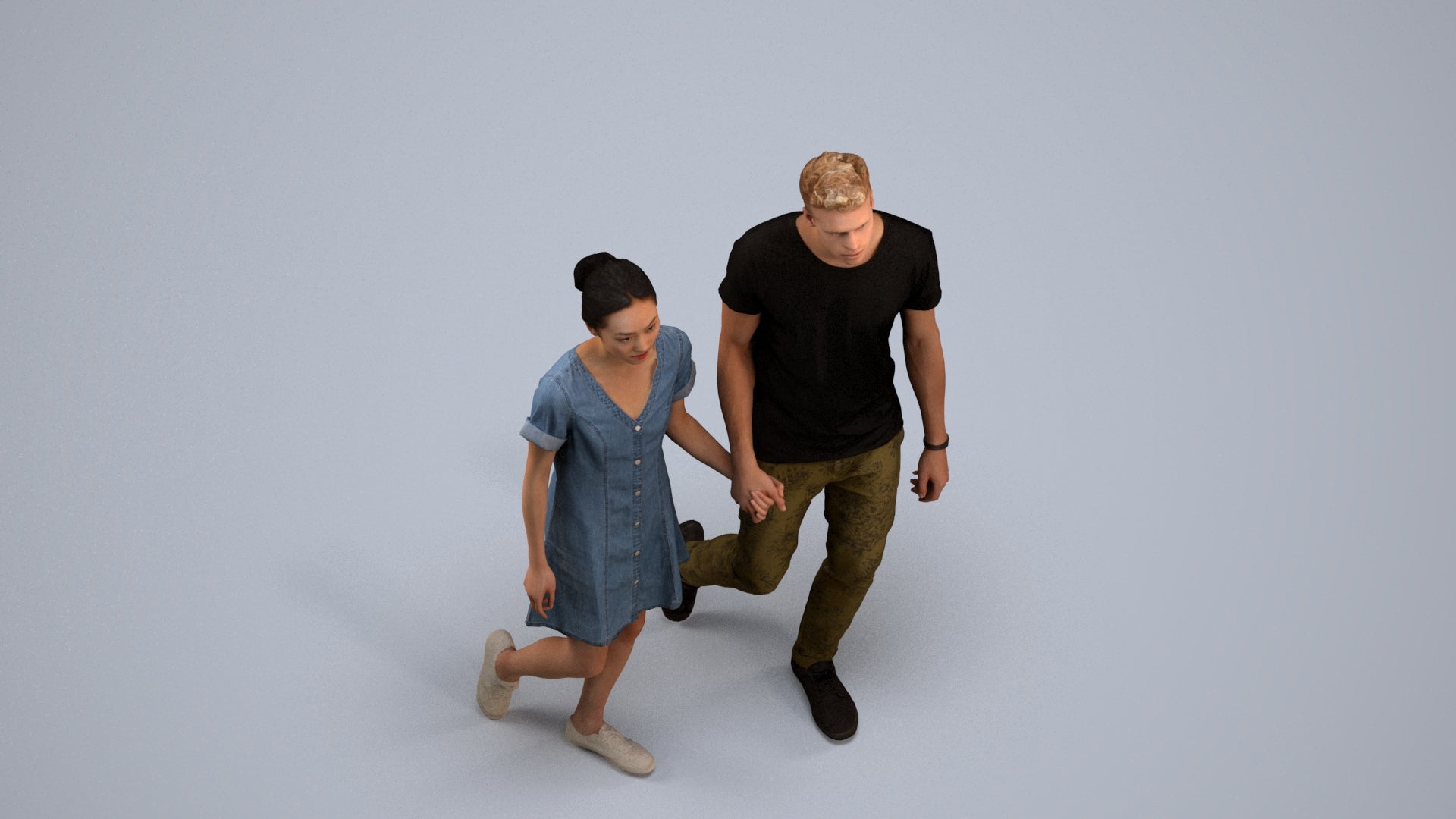 3D human model woman casual couple, photogrammetry scanned person for archviz, back view render