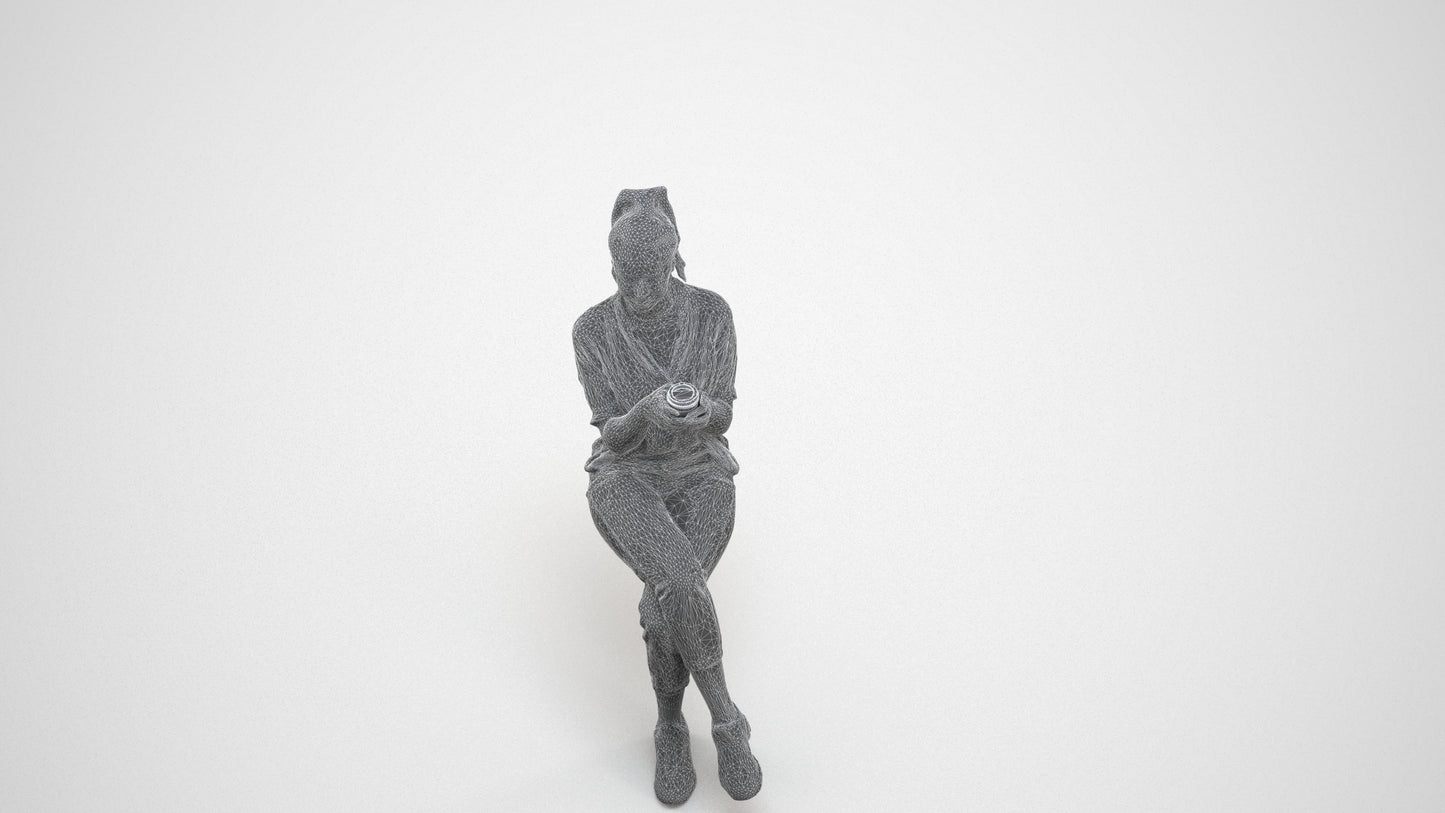 realistic 3D woman casual sitting, scanned archviz people for Blender and 3ds Max, wireframe three-quarter view