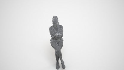 realistic 3D woman casual sitting, scanned archviz people for Blender and 3ds Max, wireframe three-quarter view