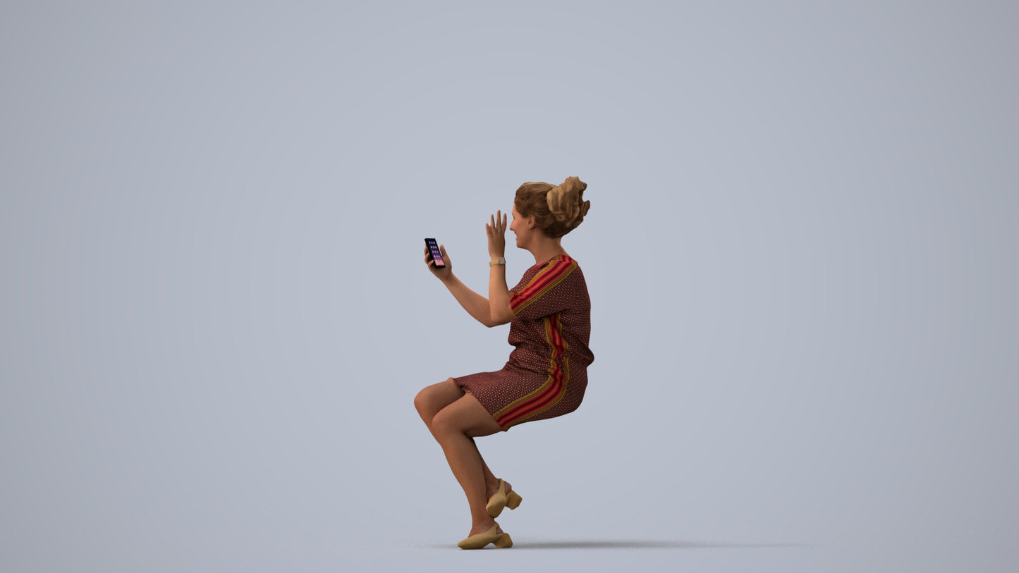 3D scanned woman sitting casual, photorealistic archviz people for Enscape and SketchUp, three-quarter view render