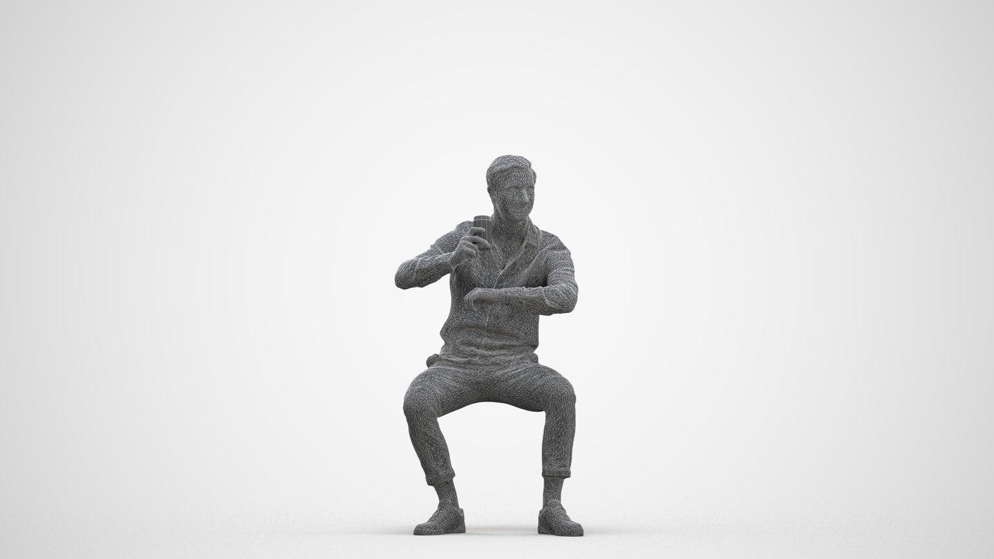 realistic 3D human man casual sitting, archviz people FBX OBJ for Blender, three-quarter front view render