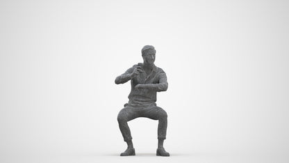 realistic 3D human man casual sitting, archviz people FBX OBJ for Blender, three-quarter front view render