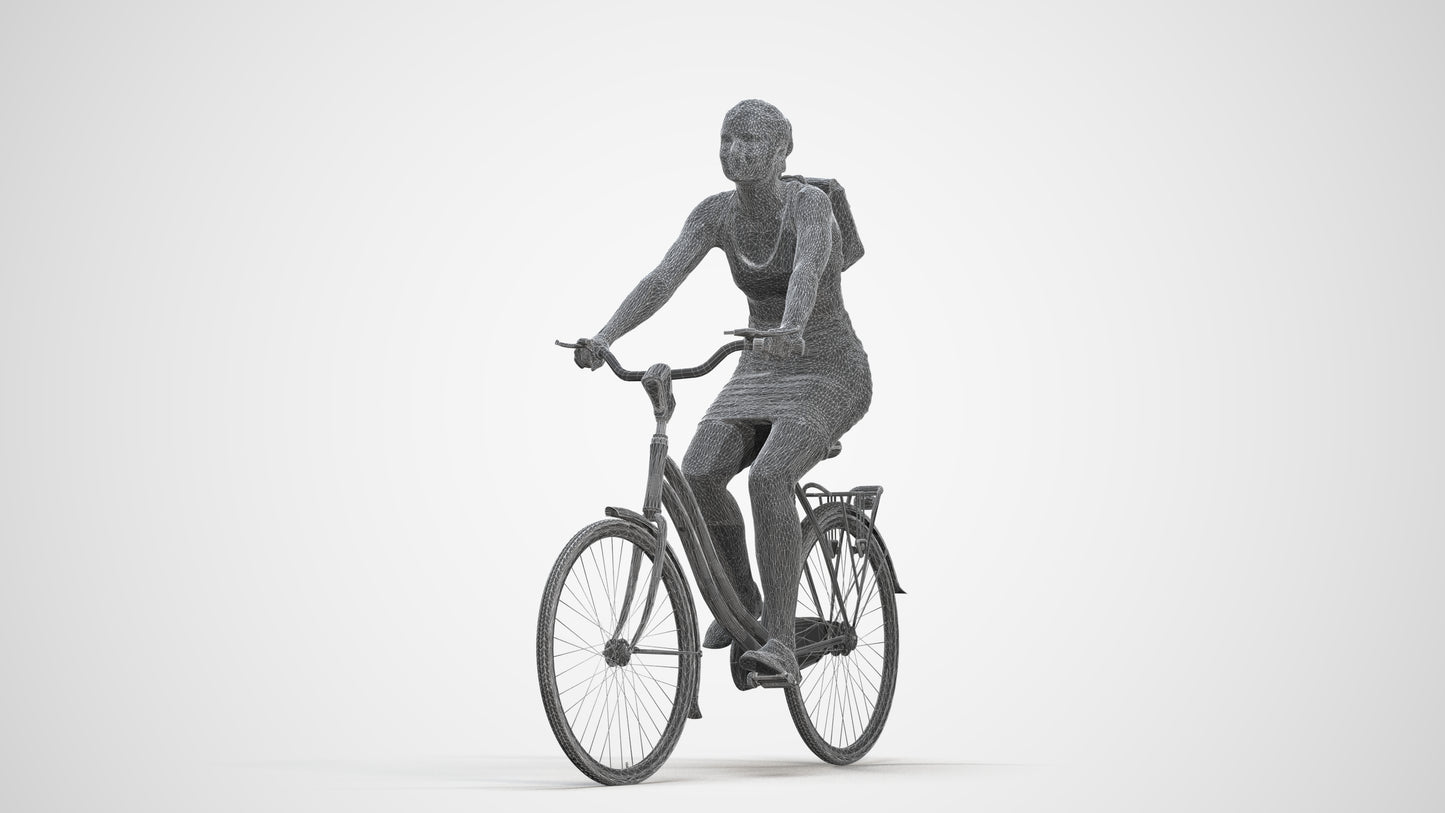 3D scanned girl cycling casual, photorealistic archviz people for Enscape and SketchUp, three-quarter front view render