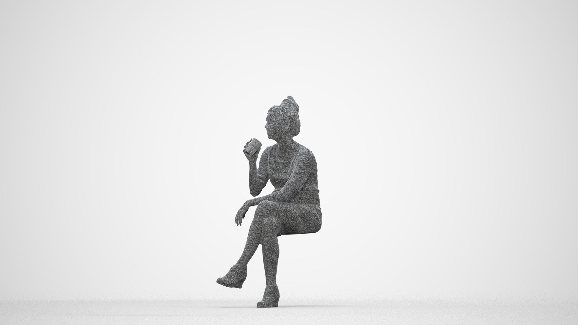 scanned 3D woman casual sitting, photogrammetry people for Enscape and V-Ray, wireframe back view