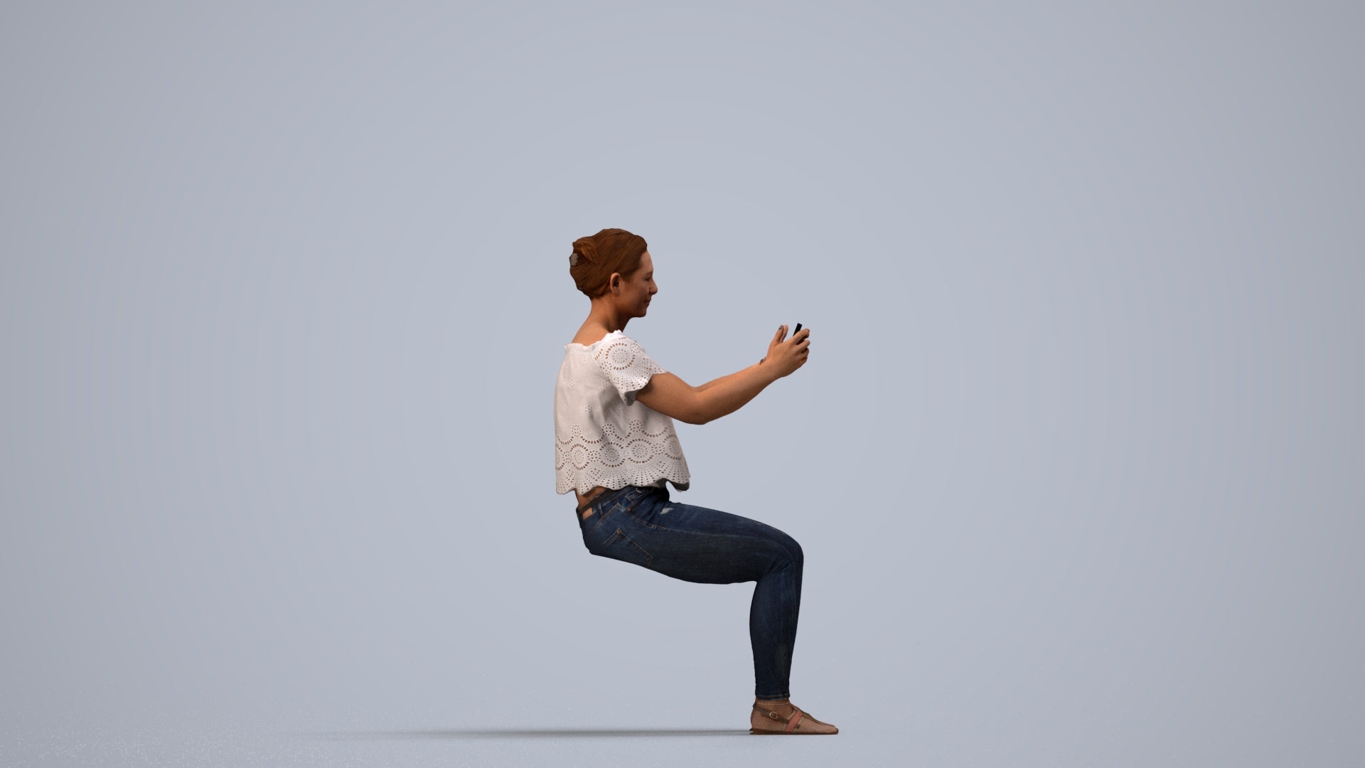 photogrammetry 3D woman casual sitting, realistic human model archviz FBX, side view render