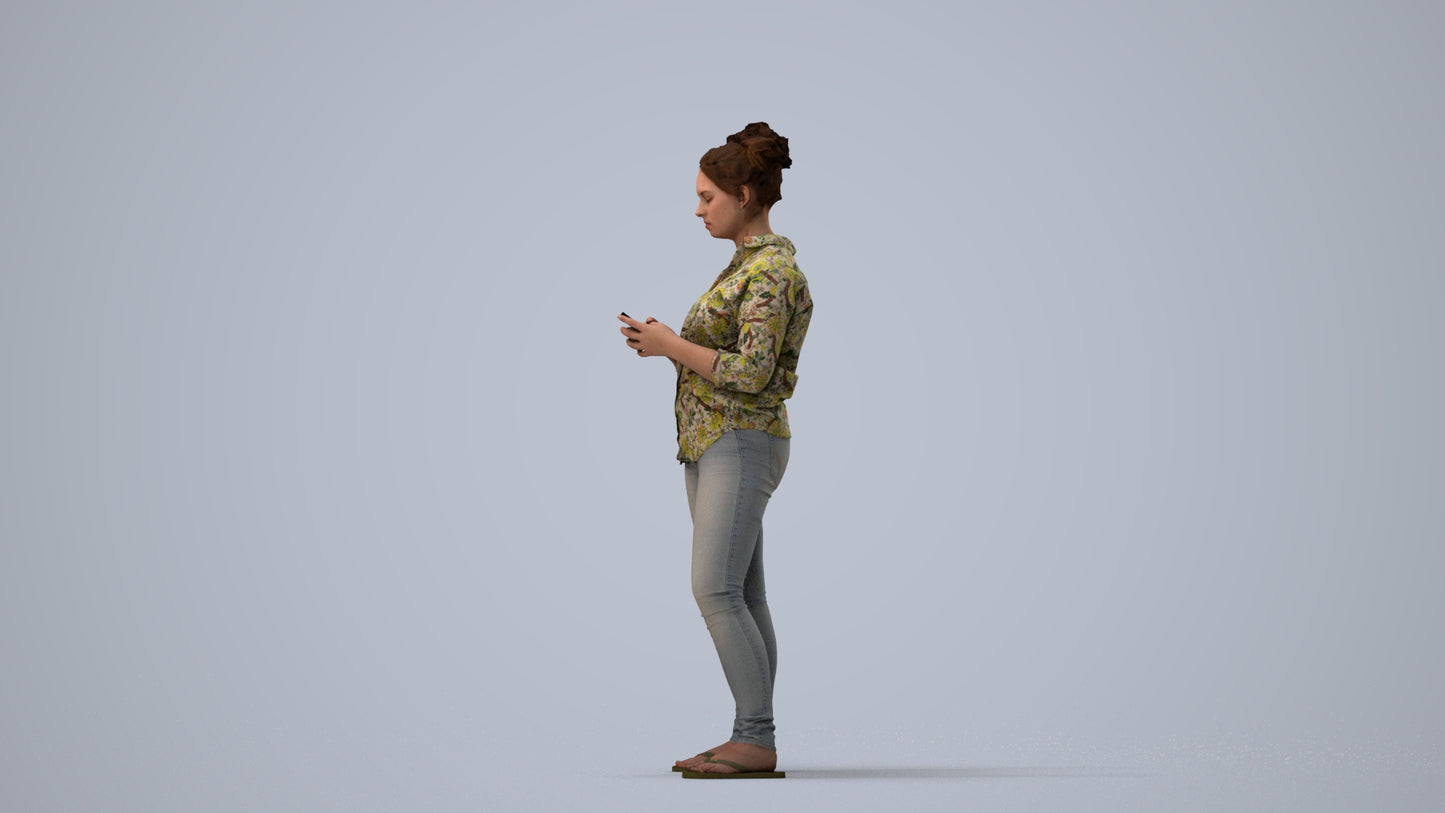 3D scanned woman standing casual, photorealistic archviz people for Enscape and SketchUp, three-quarter view render