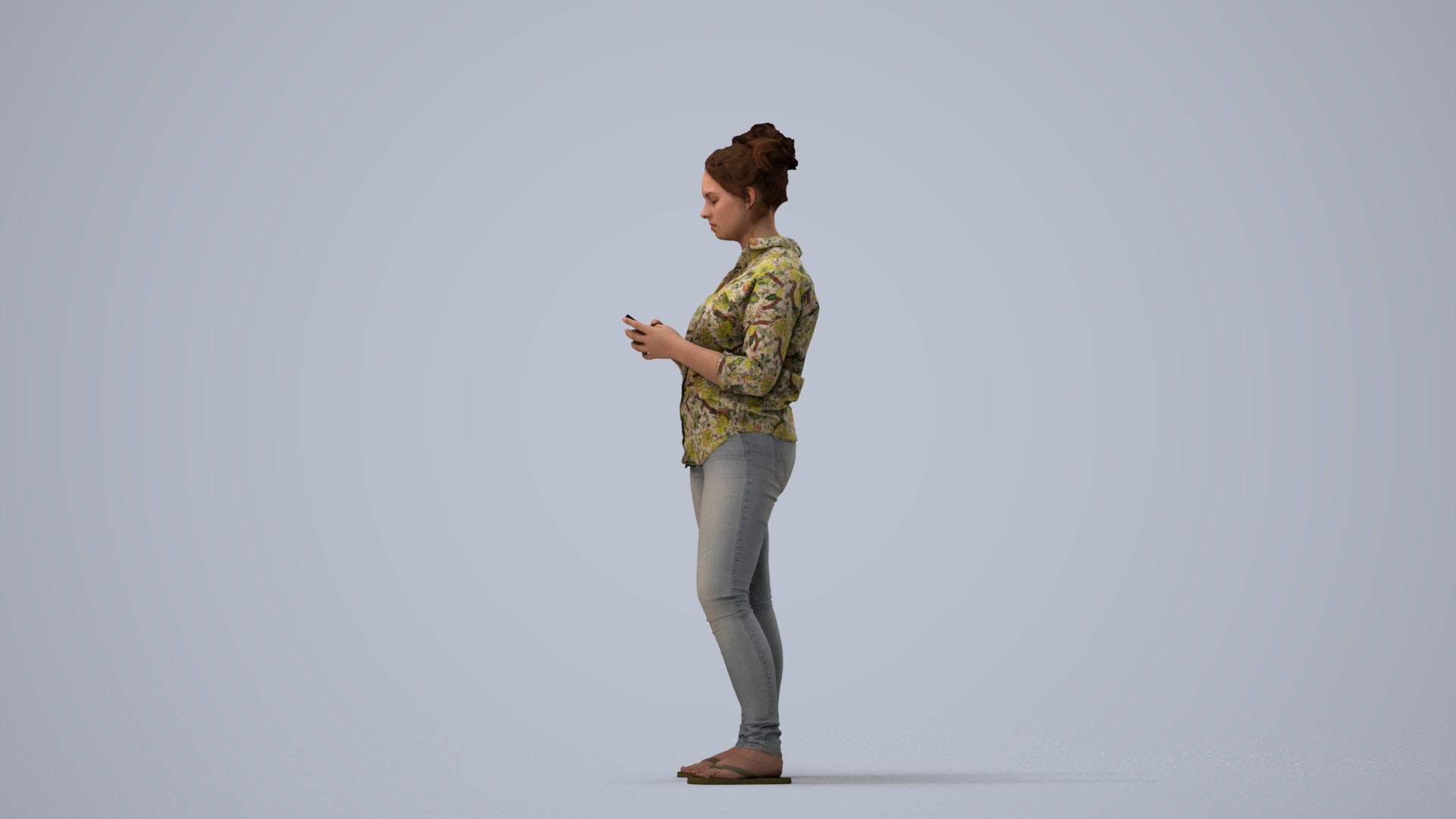 3D scanned woman standing casual, photorealistic archviz people for Enscape and SketchUp, three-quarter view render