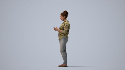 3D scanned woman standing casual, photorealistic archviz people for Enscape and SketchUp, three-quarter view render