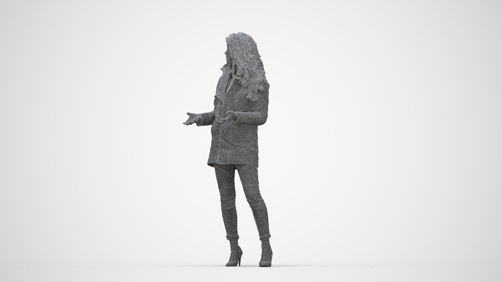 3D scanned woman standing casual, photorealistic archviz people for Enscape and SketchUp, wireframe back view
