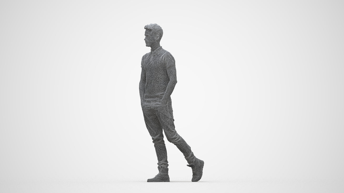 3D people model man casual walking, scanned human for 3ds Max rendering, wireframe back view
