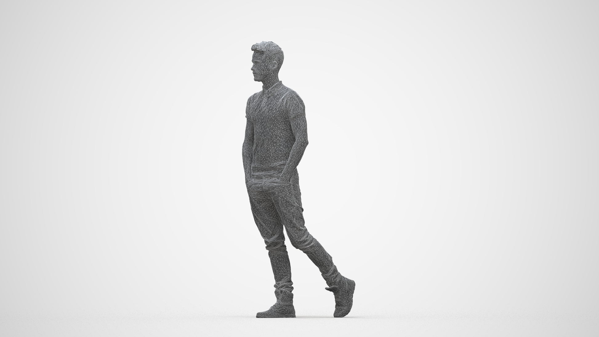 3D people model man casual walking, scanned human for 3ds Max rendering, wireframe back view