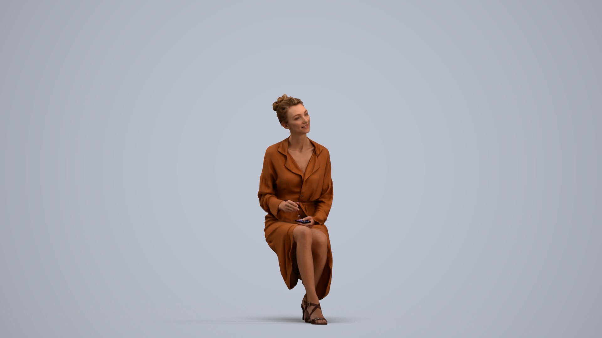 3D scanned woman sitting business, photorealistic archviz people for Enscape and SketchUp, standing pose render