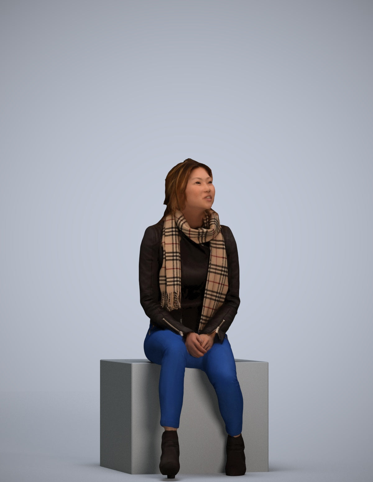 3D human model woman casual sitting, photogrammetry scanned person for archviz