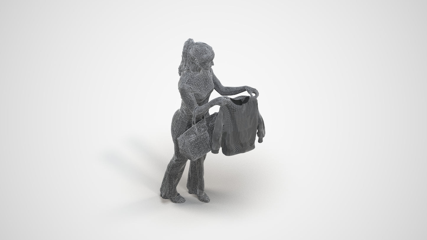 realistic 3D woman casual shopping, scanned archviz people for Blender and 3ds Max, wireframe three-quarter view
