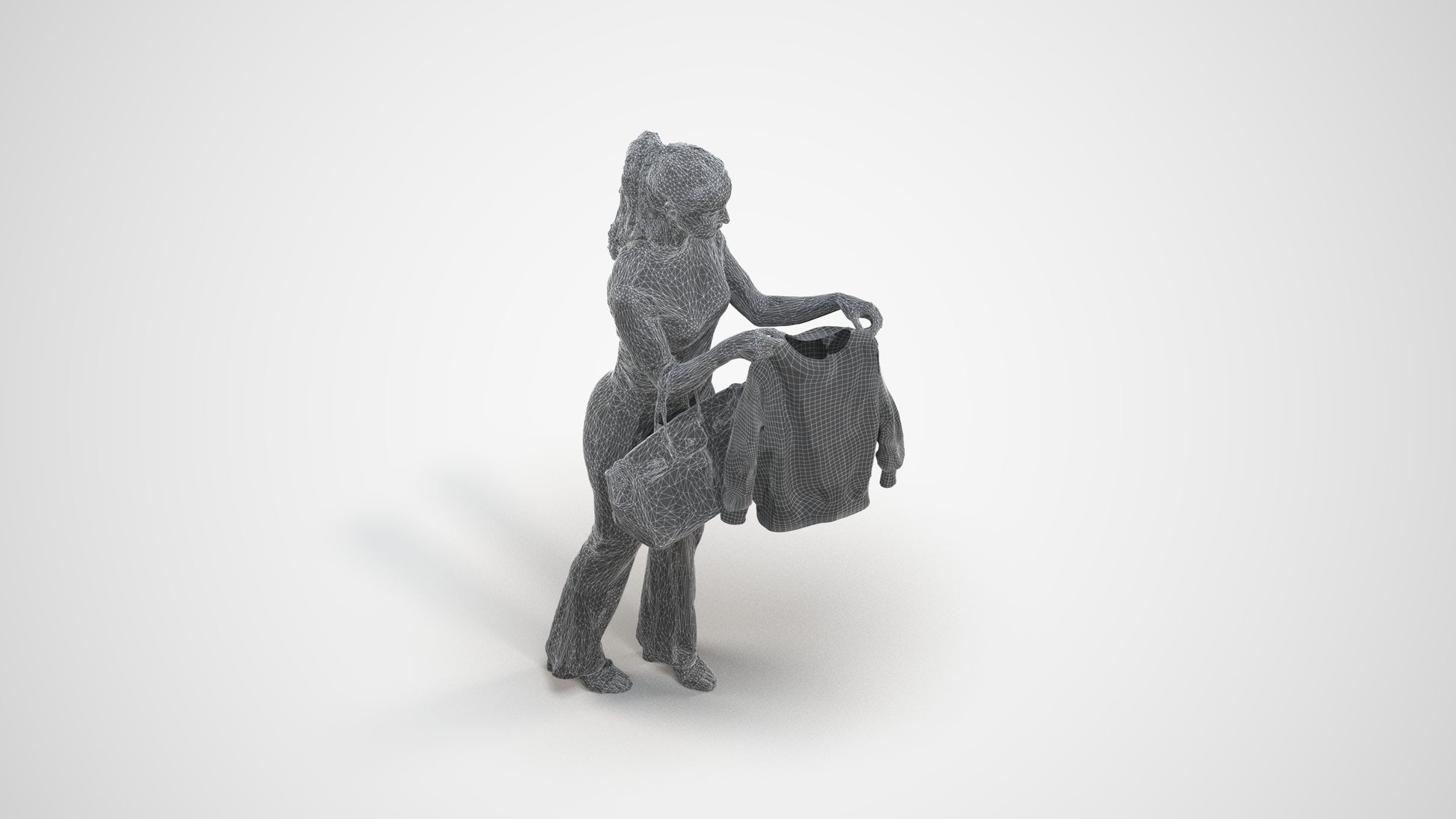 realistic 3D woman casual shopping, scanned archviz people for Blender and 3ds Max, wireframe three-quarter view