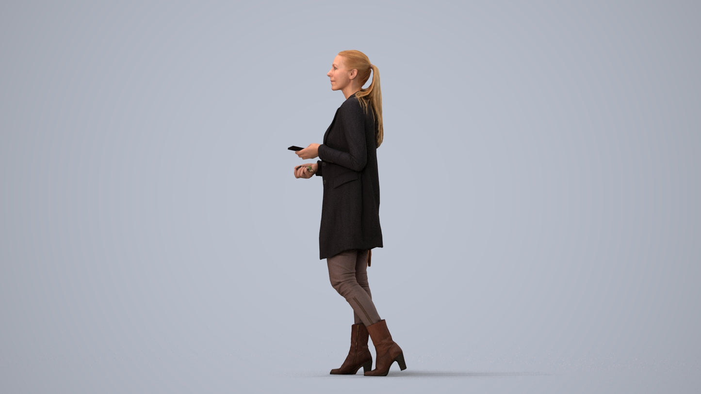 3D scanned woman walking business, photorealistic archviz people for Enscape and SketchUp, three-quarter view render