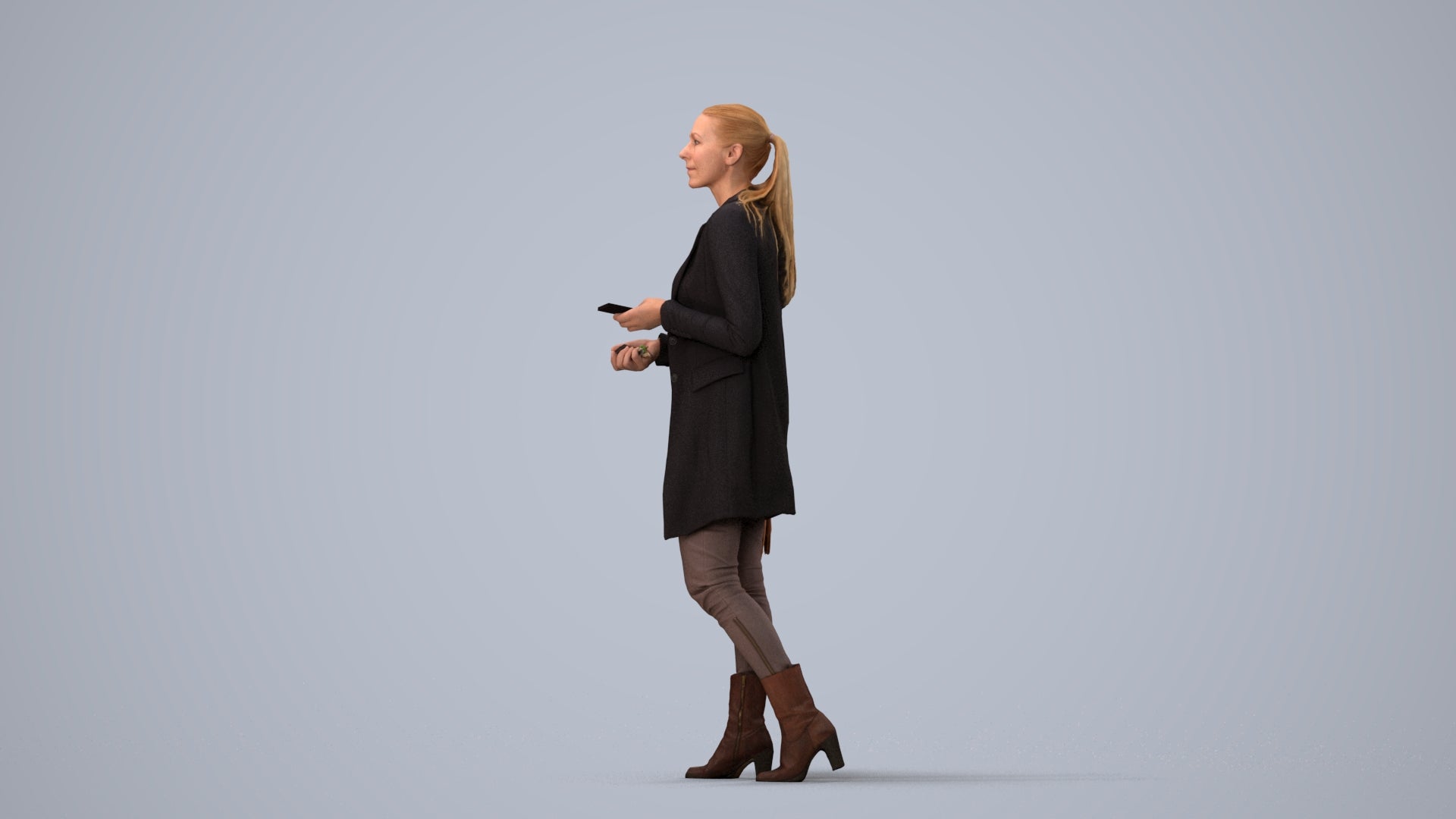 3D scanned woman walking business, photorealistic archviz people for Enscape and SketchUp, three-quarter view render