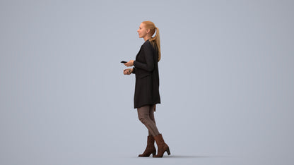 3D scanned woman walking business, photorealistic archviz people for Enscape and SketchUp, three-quarter view render