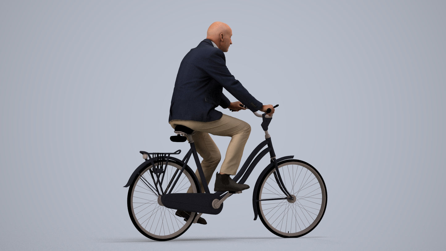 realistic 3D senior man business cycling, scanned archviz people for Blender and 3ds Max, side view render