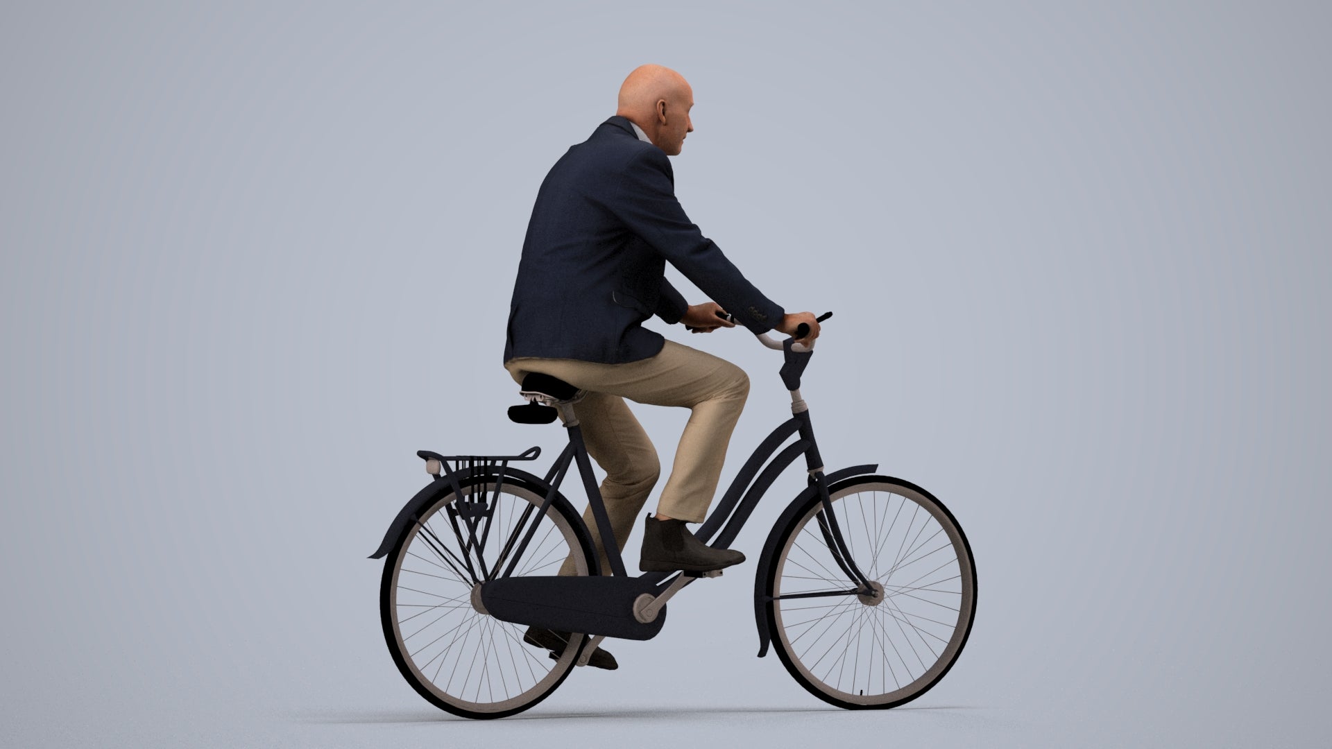 realistic 3D senior man business cycling, scanned archviz people for Blender and 3ds Max, side view render