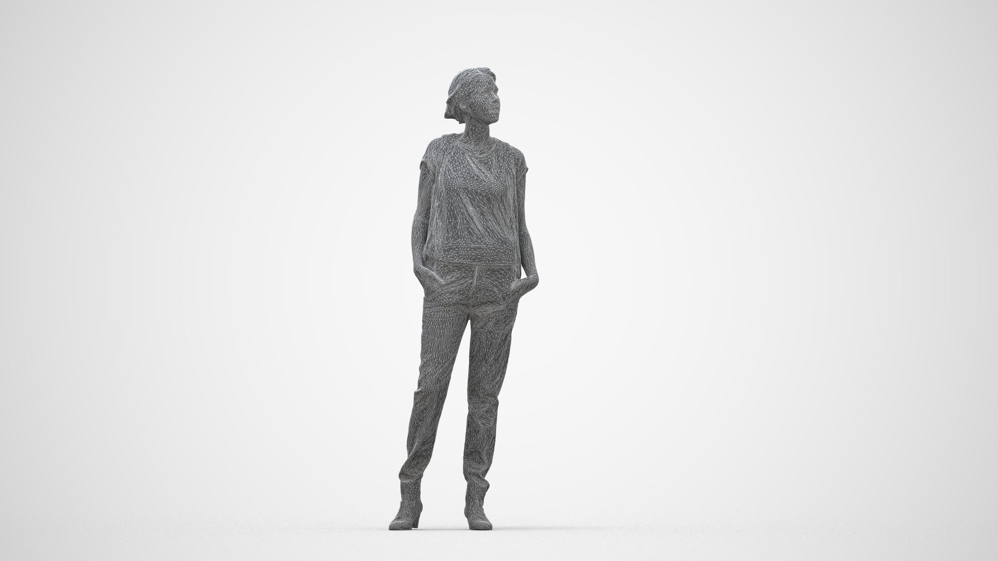 scanned 3D woman casual standing, photogrammetry people for Enscape and V-Ray, wireframe back view