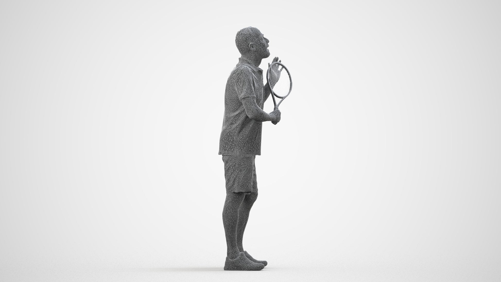 3D human model senior man sport, photogrammetry scanned person for archviz, wireframe side view
