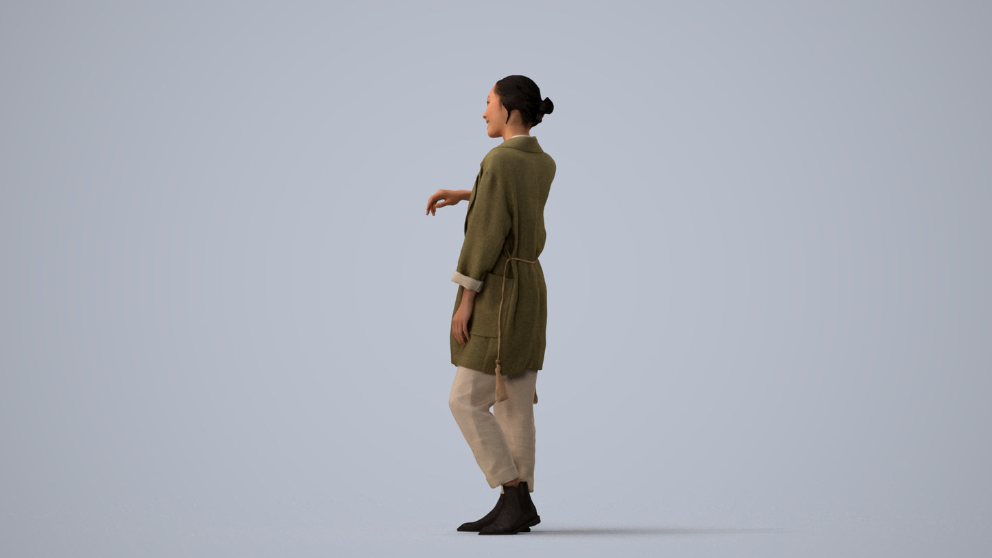realistic 3D woman casual standing, scanned archviz people for Blender and 3ds Max, three-quarter view render