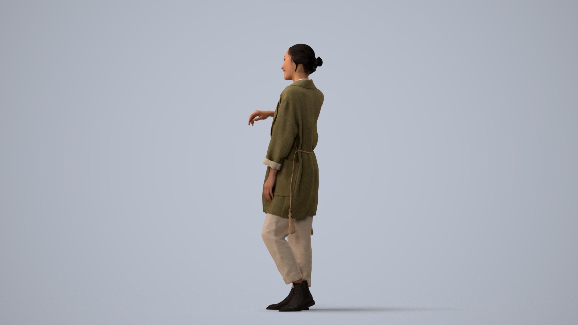 realistic 3D woman casual standing, scanned archviz people for Blender and 3ds Max, three-quarter view render