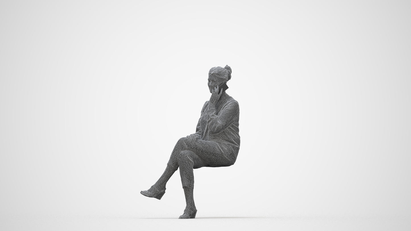 photogrammetry 3D woman casual sitting, realistic human model archviz FBX, wireframe back view