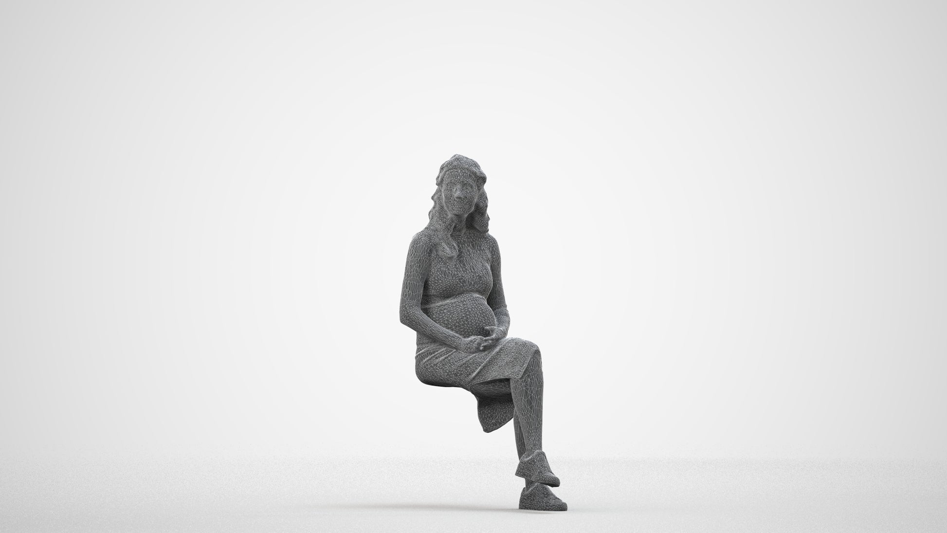 3D human model woman casual sitting, photogrammetry scanned person for archviz, wireframe side view